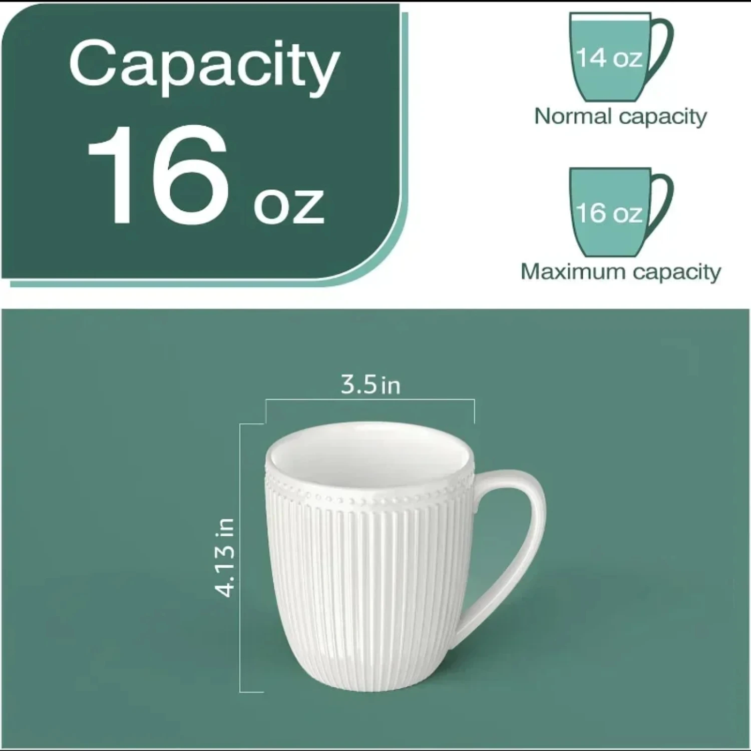 Beautiful Set of 6 White Porcelain Coffee Mugs with 16 Oz Capacity - Elegant and Comfortable Large Mug Sets with Embossed Design