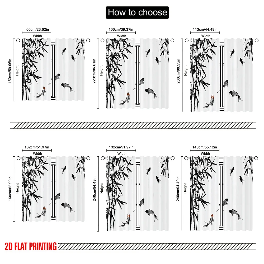 2 قطعة ستائر نافذة مطبوعة مسطحة ثنائية الأبعاد من الخيزران وأسماك كوي (2) ستائر بوليستر مطبوعة رقمية للاستخدام في العطلة لغرفة النوم