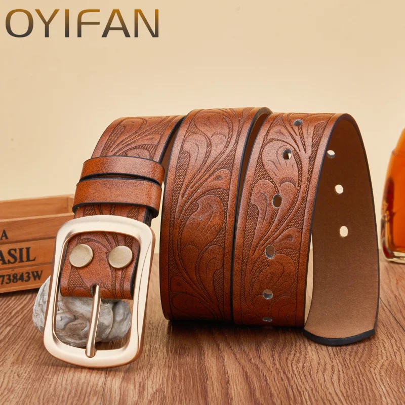 Unisex Western Cowboy Embossed Leather Belt Golden Square Pin Buckle Vintage Floral Print Casual Waist Belt For Daily Jeans