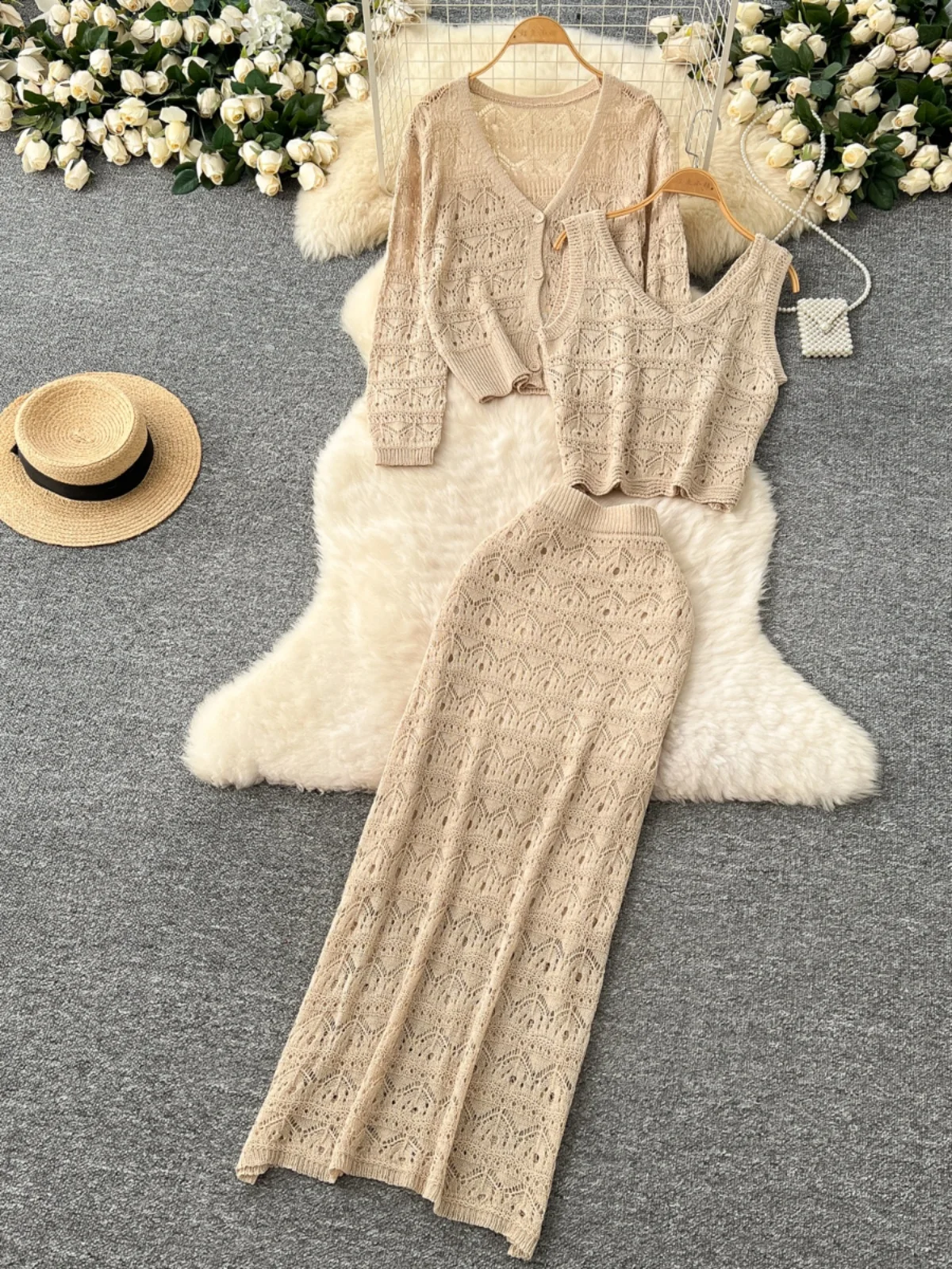 Ele Svel ถักเสื้อกั๊กผู้หญิง High-End Hollow OUT Design ยาว Sve เสื้อสเวตเตอร์ถักชุดกระโปรงเข้ารูป