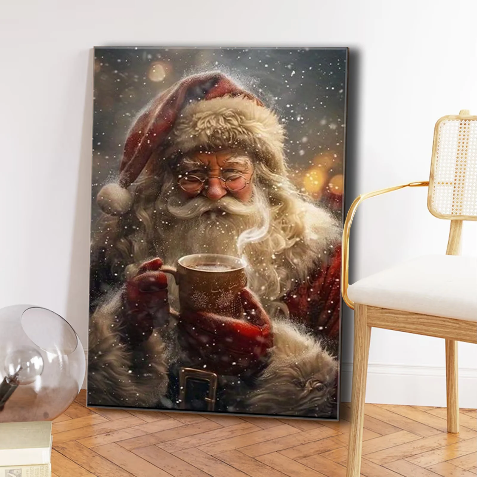 1개 포장된 나무 프레임 포스터(클래식 크리스마스 캔버스 프린트, 눈 속에서 커피를 마시는 산타, 세로 직사각형)
