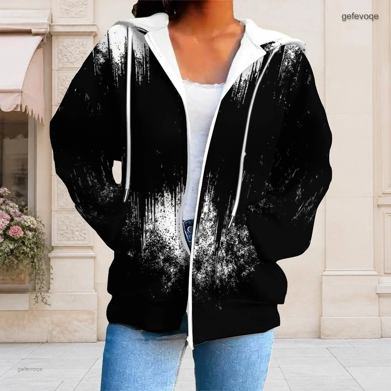 Women Black White Geometric Printed Zip Up Long Sleeve Hoodie with Pockets