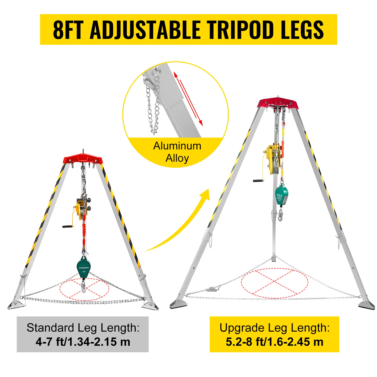 VEVOR Kit treppiede di salvataggio per treppiede con spazio confinato antiscivolo con verricello da 1200 libbre/1800 libbre/2600 libbre e protezione anticaduta gambe regolabili da 8 piedi