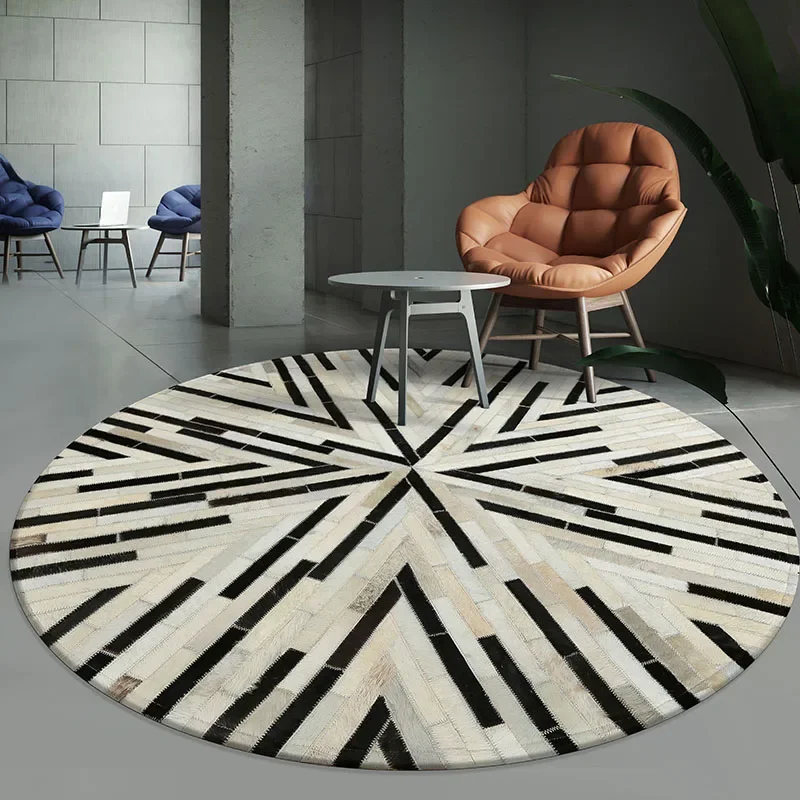 

luxury cowhide seamed striped rug , round shaped real cow skin patchwork carpet for living room bedroom decoration rug