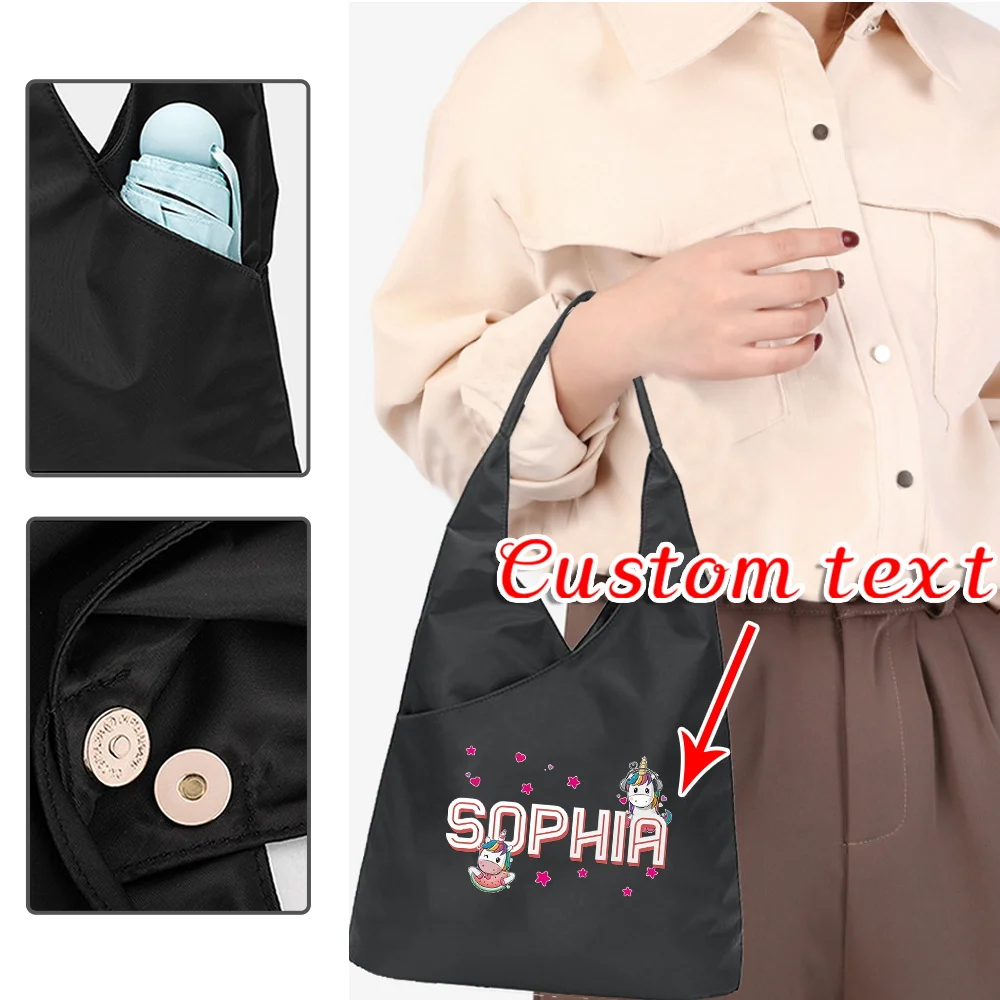 

Personalized Customized Women's Black Shopping Bag Multifunctional Travel Shoulder Bag Portable Nylon Waterproof Handbag