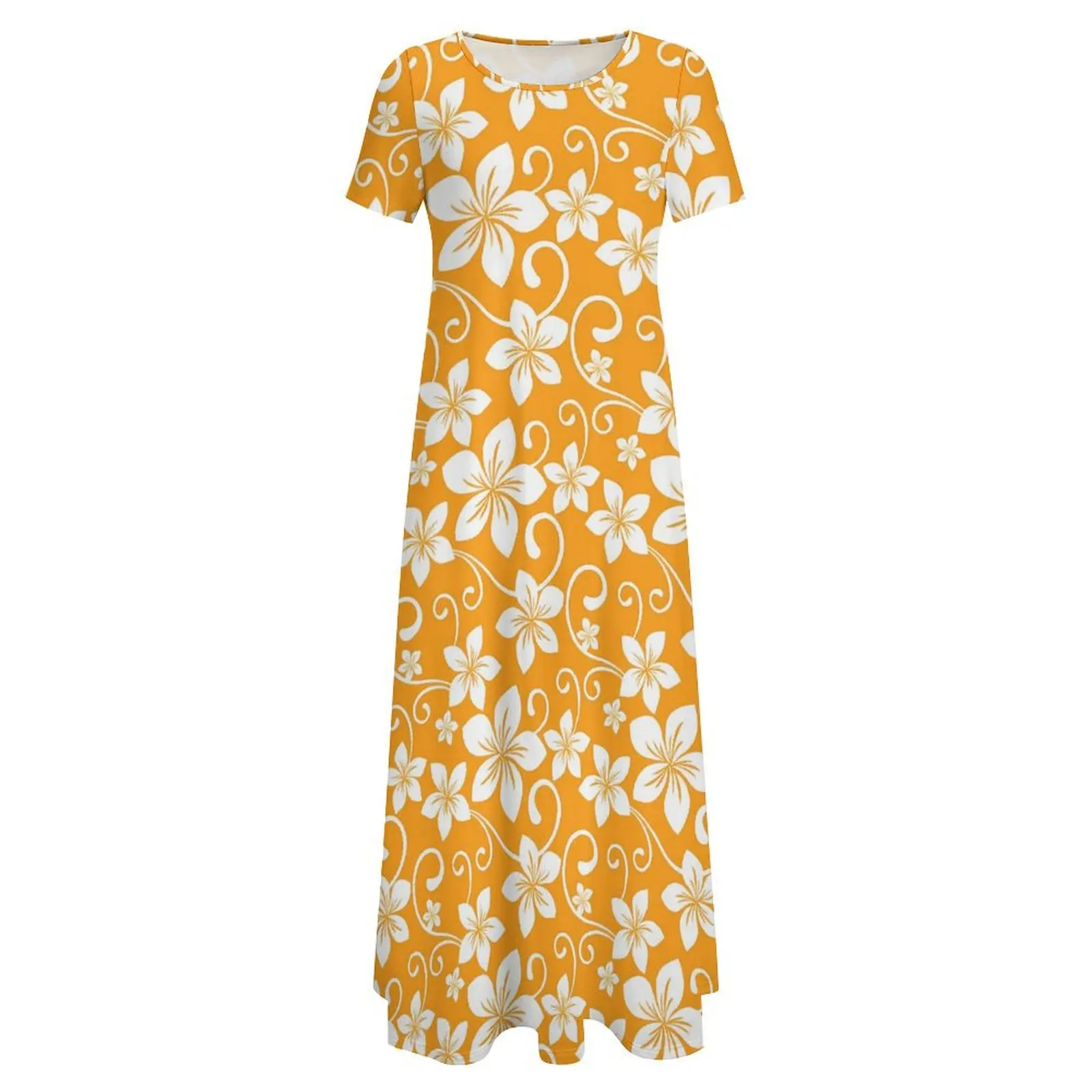 Tropical Floral Dress Yellow Flowers Print Party Maxi Dress Women Short Sleeve Aesthetic Boho Beach Long Dresses Big Size