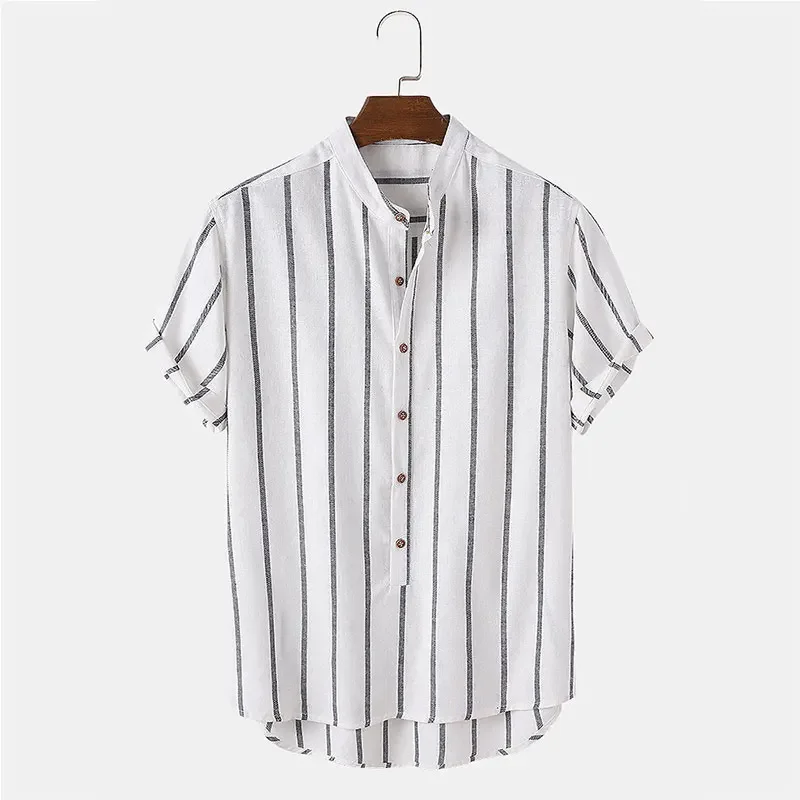 2024 Men\'s Striped Stand Collar Striped Short Sleeve Shirt Casual Cotton Linen Button Loose Shirt for Men Summer Fashion S-2XL