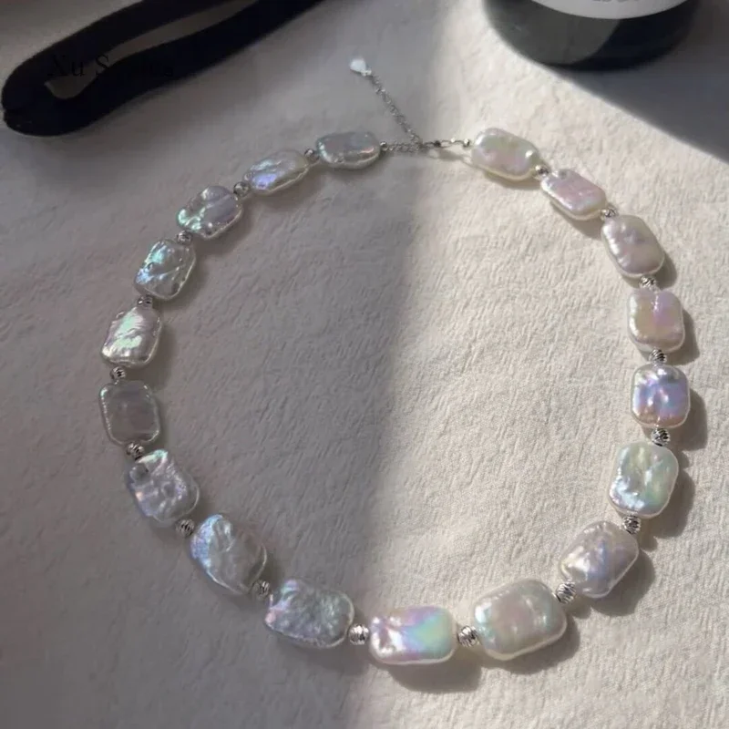 Natural Fresh Water Irregular Baroque Bright White Square Pearl Necklace Women\'s Vintage Jewelry Collar Neckchain Exquisite Gift