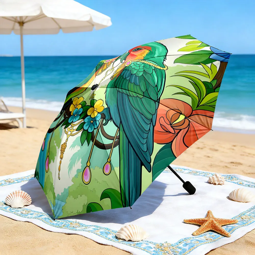 1PC Colorful Parrot Umbrella by the Lake for a Perfect Picnic Print 8 Iron Ribs Folding Umbrella Auto-Open Fashion Sunshade