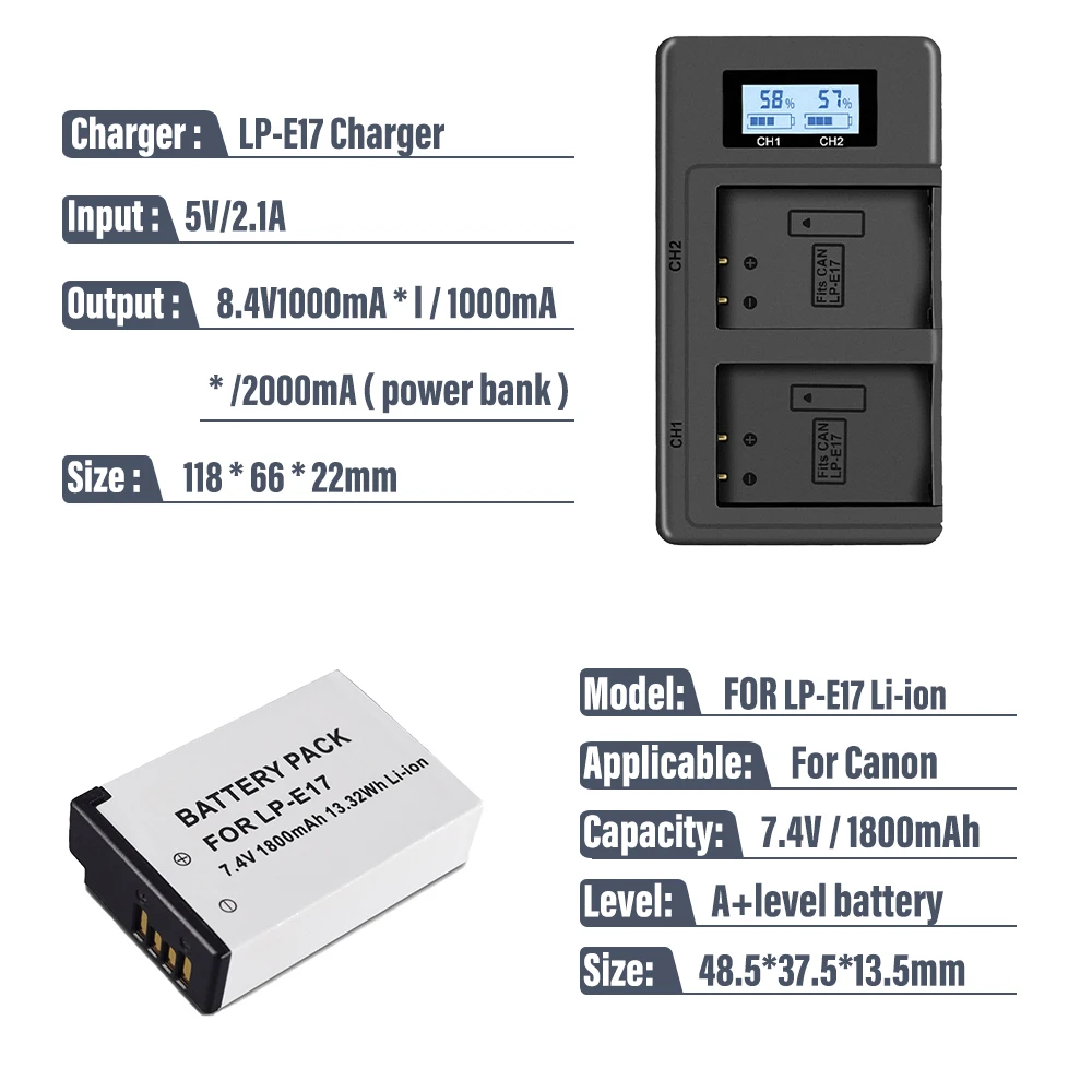 Bateria LPE17 LP- E17 + ładowarka USB z wyświetlaczem LCD do Canon EOS RP 200 250D M5 M6 750D 760D T6i T6s 800D 8000D 77D Kiss X8i