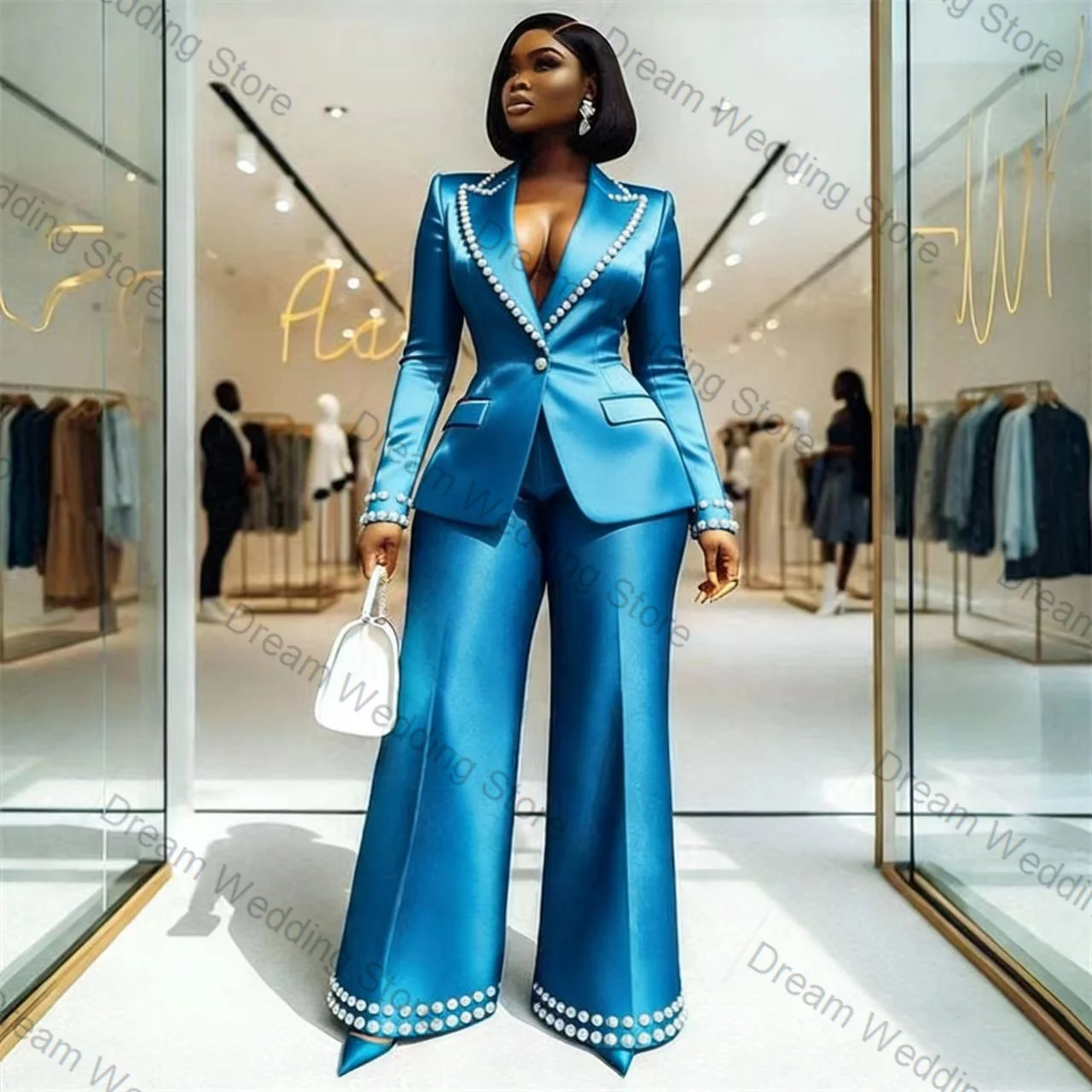 

Blue Satin Women Suit Set 2 Pcs Blazer+Pants Trousers Pearls Spring Formal Office Lady Jacket Customized Wedding Guest Coat