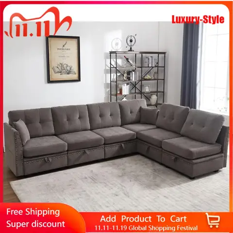Vintage Modular Sectional Sofa, Convertible U Shaped Sofa Couch with Storage, Memory Foam,Copper Nail Modular Sectionals