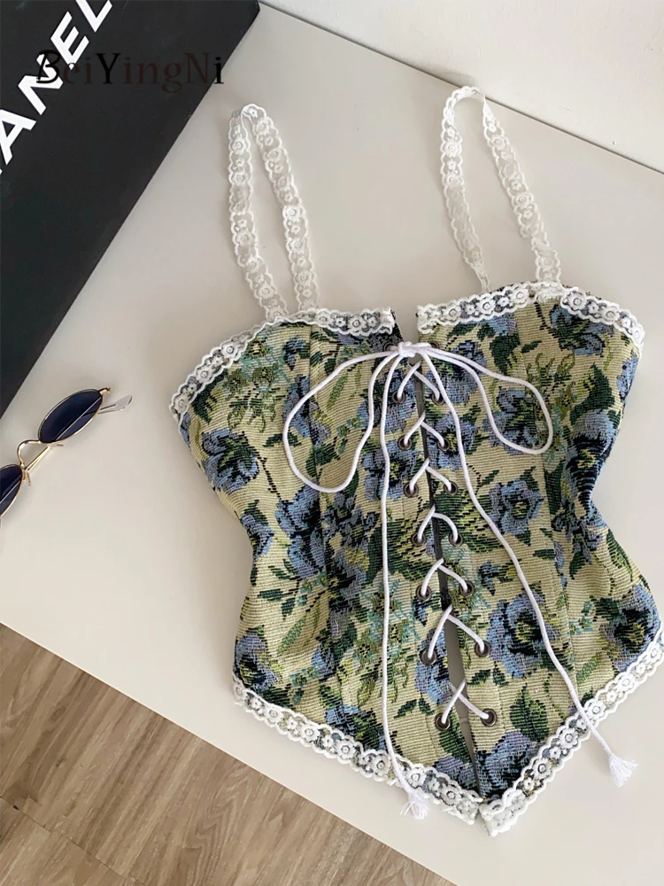 Beiyingni 2026 y2k Painting Print Tank Tops for Women Bandage Lace Patchwork Slim Outwear Crop Top Lady Casual Sexy Korean Vest
