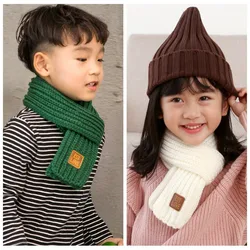 2022 Winter Children Colors Soft Knitting Wool Thermal Scarf Boys Girls Lovely Outdoor Warmer Scarf Kids Solid Labelled Scarf