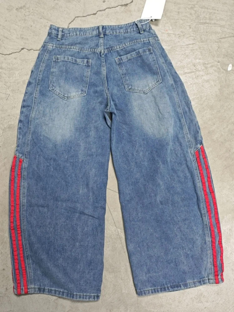 Trashy Y2K 2000S الأحمر مخطط المرقعة غسلها الأزرق فضفاض الجينز السراويل للرجال الملابس واسعة الساق الكورية سيدة عادية سراويل جينز #2