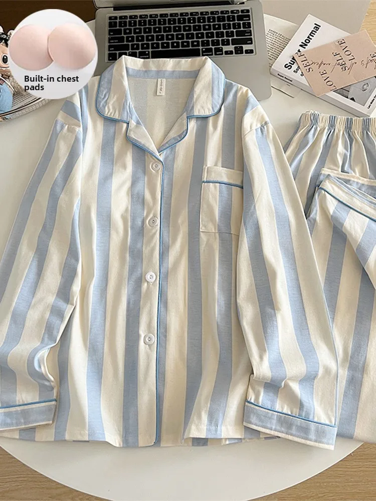 女性の純綿長袖パジャマセット春秋ストライプかわいいホーム服カーディガン胸パッド付き屋外でも着用可能 1