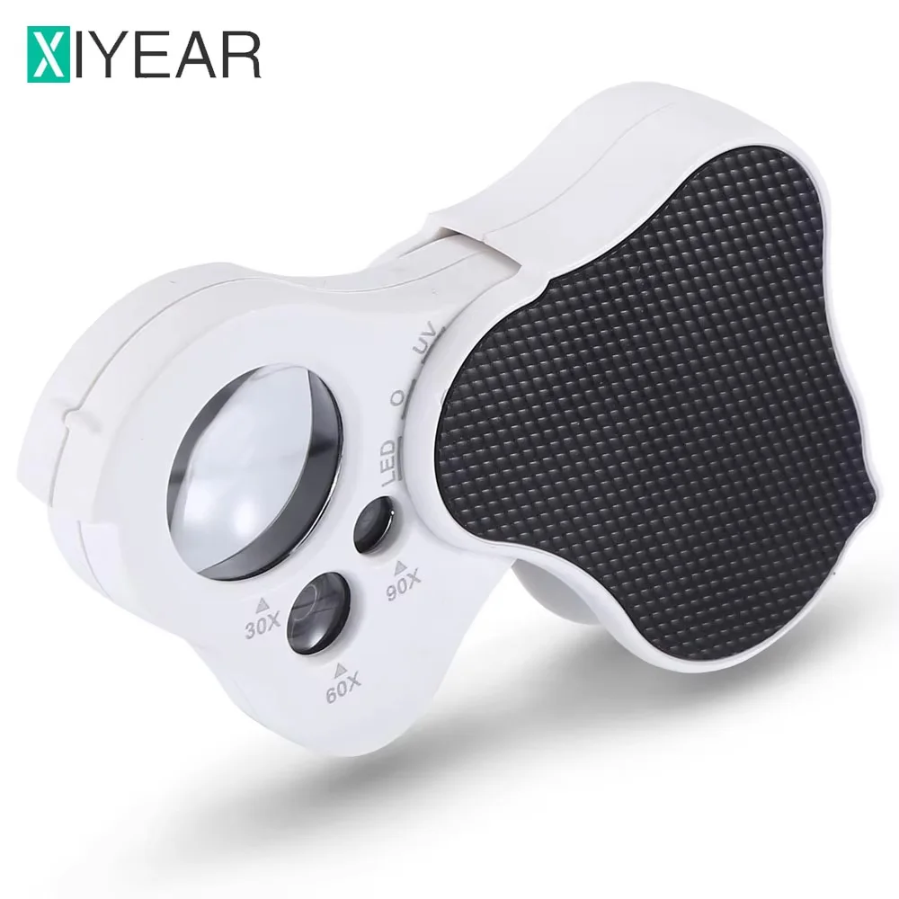 

30X 60X 90X Illuminated Jewelry Loupe Magnifier Fold Diamond Magnifying Glass With UV LED Lights For Jewelers Gems Coins Stamps
