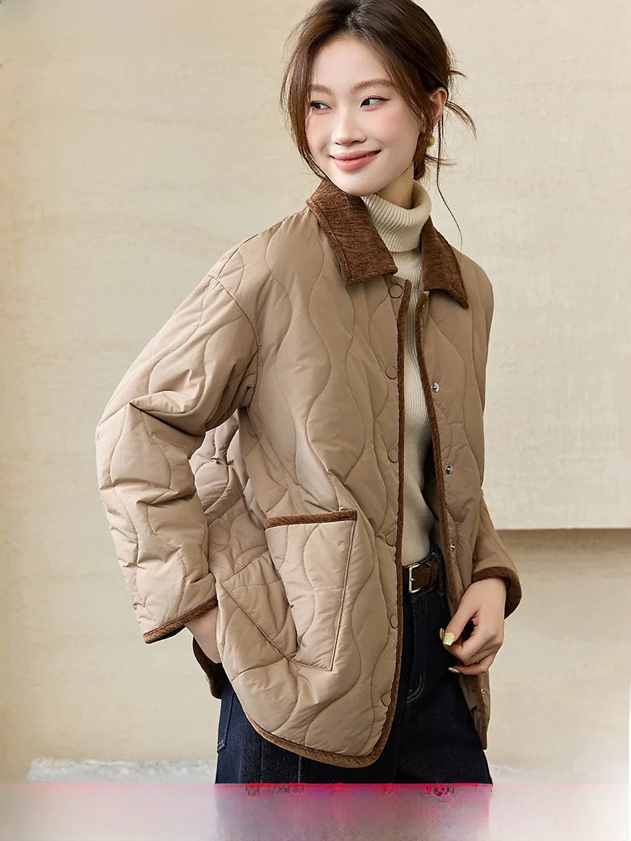 

Fuion Knowl Cotton Jaet Retro Color Collar Long Stitching Commute Korean Loose Fit Polyester Women's Winter Coat