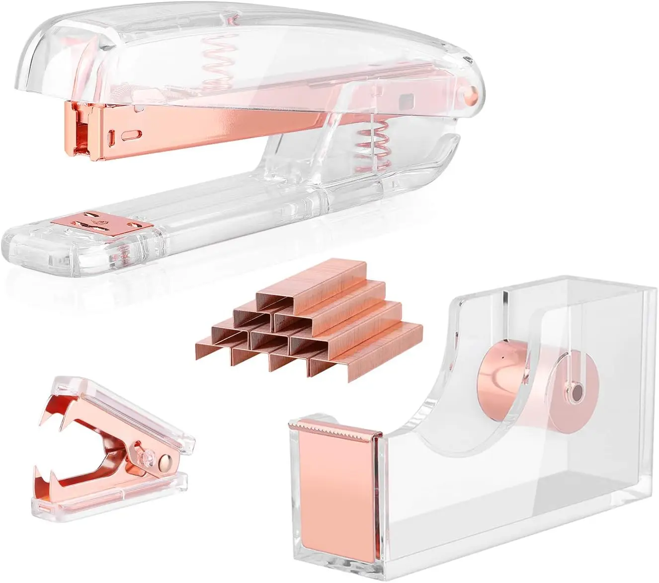 

Rose Gold Desk Accessory Kit: Acrylic Stapler, Tape Dispenser, Staple Remover with 1000 Staples