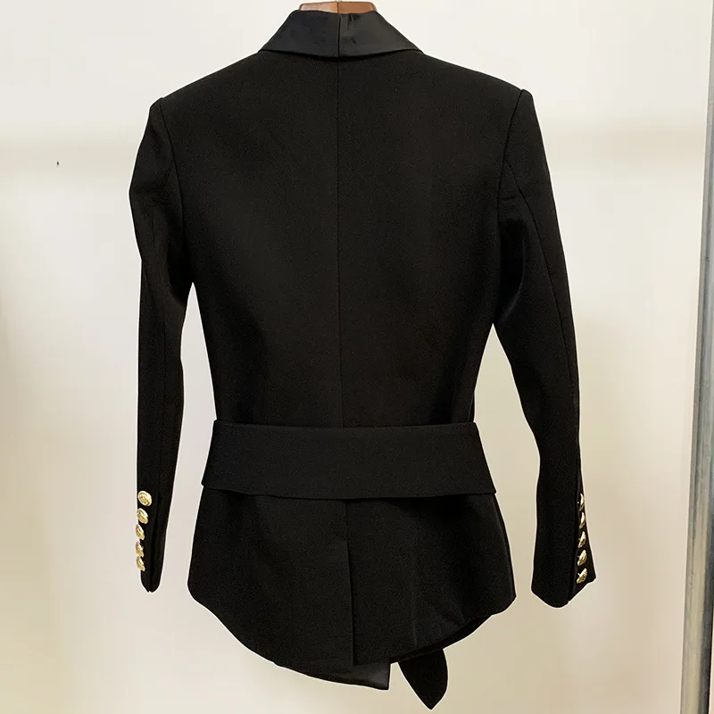 2024 New Spring Autumn Women Blazer Jacket Gold Double Breasted Suit Collar Jackets Slim Belt Chic  Elegant Suit Long Sleeved