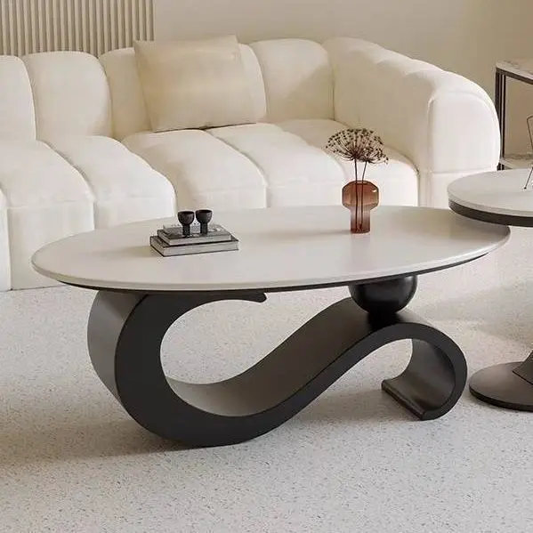 New Style Rock Slab Oval Retractable Coffee Table Small Apartment Light Luxury Modern Living Room Home Tea and Side Table Set