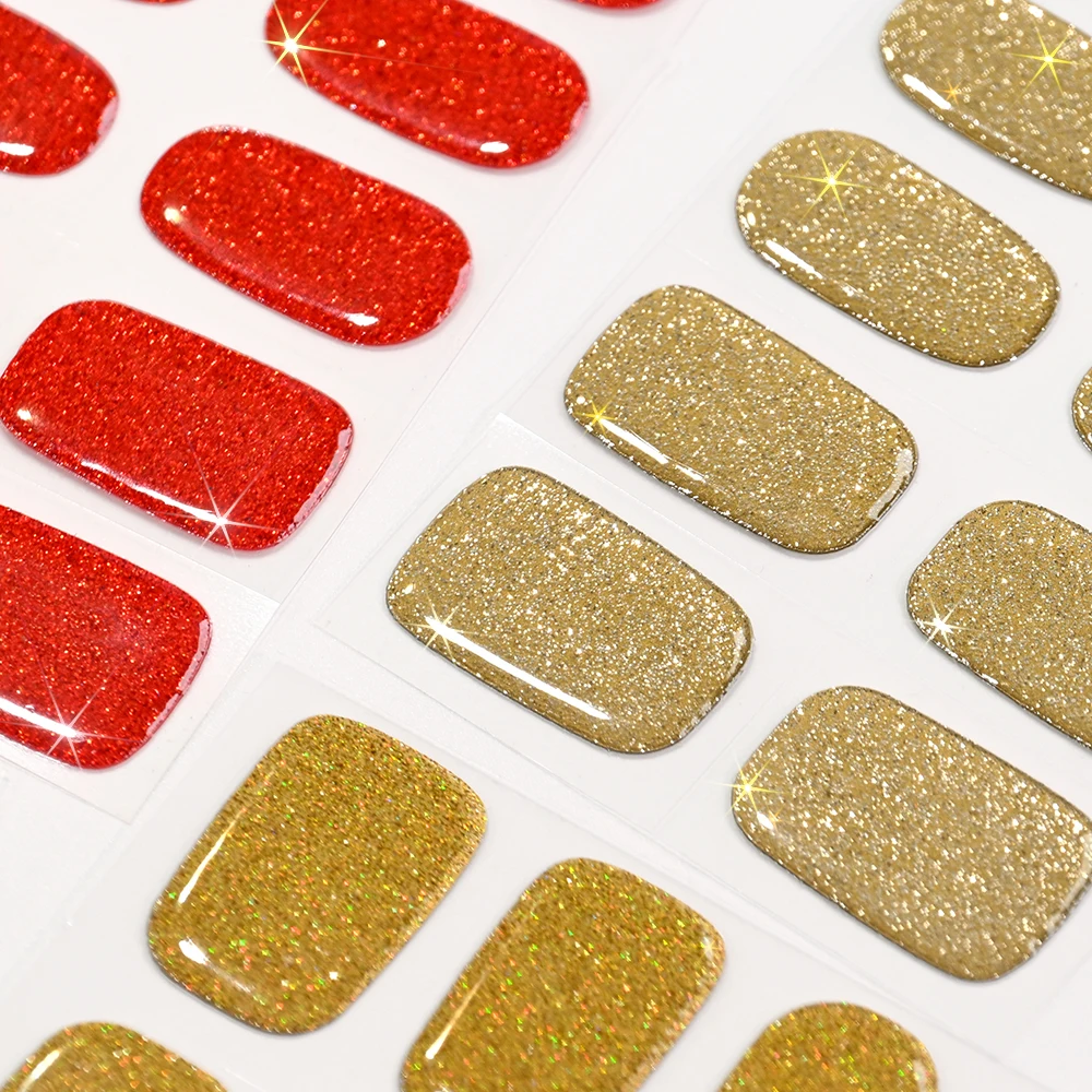 16 Tips Kerst Goud Glitter Gel Nagelstickers + 1 st Nagelvijl Semi-geharde UV/LED Volledige dekking Nagelstrips Zelfklevende Nagellak Wrap