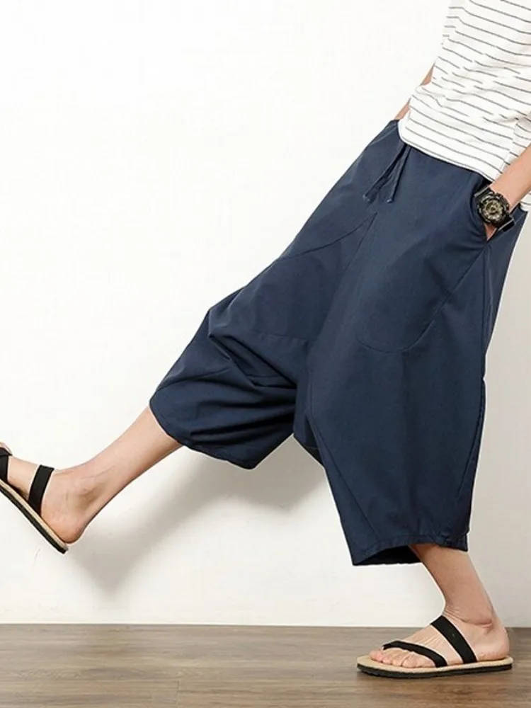 Summer Men\'s Japanese Samurai Boho Summer Harem Shorts Hakama Linen Cotton Pants 5 Colors Loose Fit Short Pants Big Size