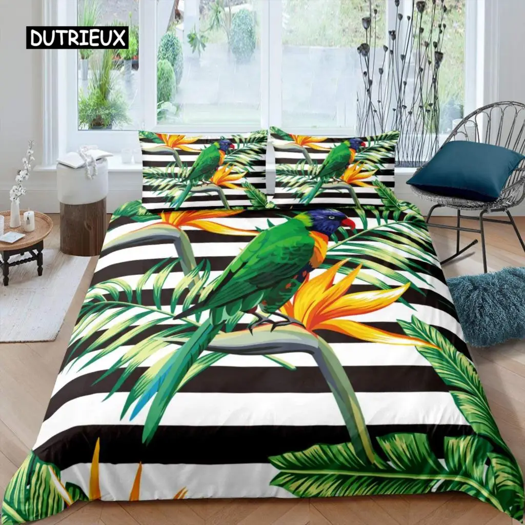 

Parrot Duvet Cover Set Black White Stripe Bedding Set Green Plant Palm Leaves Quilt Cover Bird Animal Polyester Comforter Cover