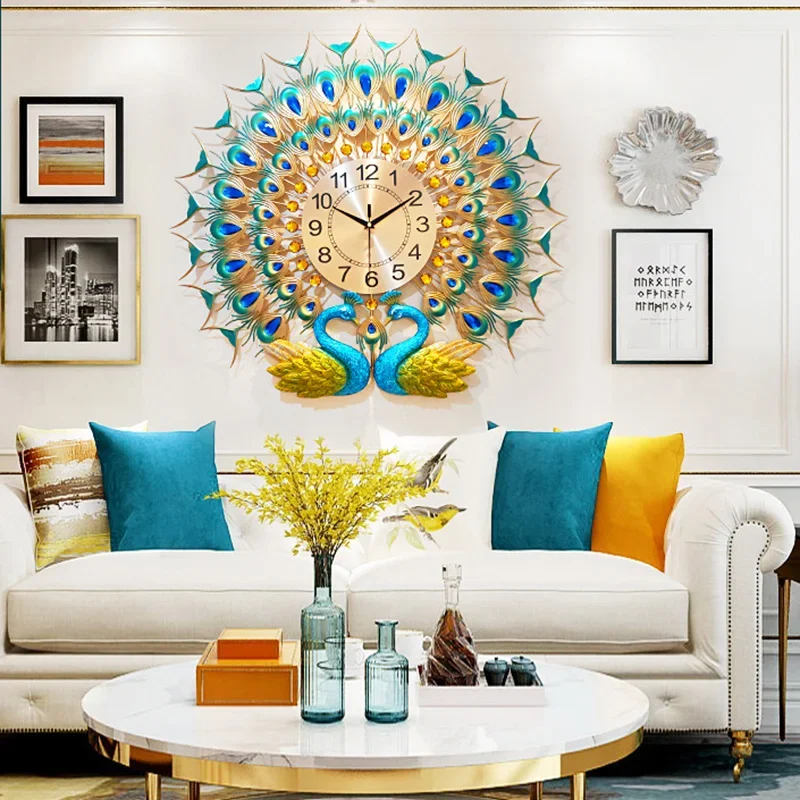 Aesthetic Wall Clock Luxury Large Peacock Office Livingroom Nordic Wall Adhesive Clock Metal Decoration Murale Room Decoration