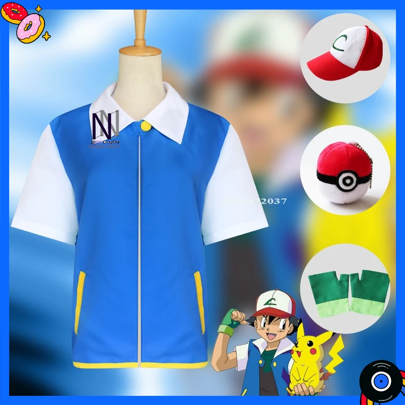 

Popular Anime Cosplay Costume Anime Ash Ketchum Role Playing Clothes Blue Coat Outfit for Women Men Comic Con Halloween Party