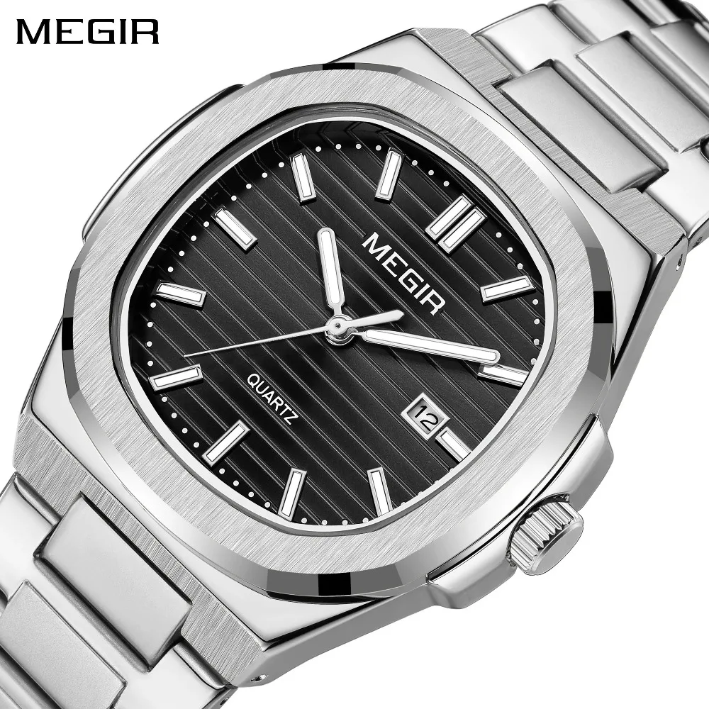 

MEGIR 1084, классический браслет из нержавеющей стали, кварцевые часы для мужчин, водостойкий календарь, деловые наручные часы для отдыха, часы с большим циферблатом