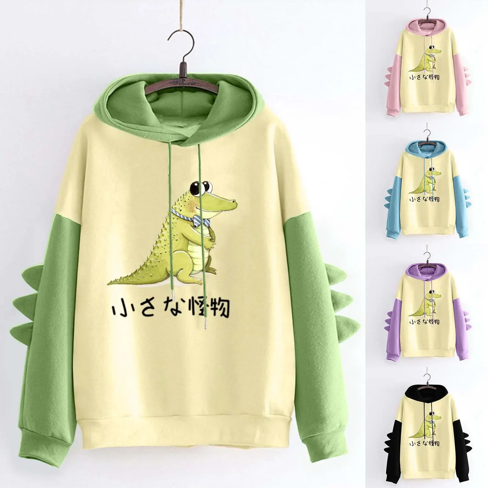 Casual Printed Hoodies Women Contrast Fashion Irregular Color Blocked Dinosaur Long Sleeved  Sweatshirts Cartoon Autumn Winter