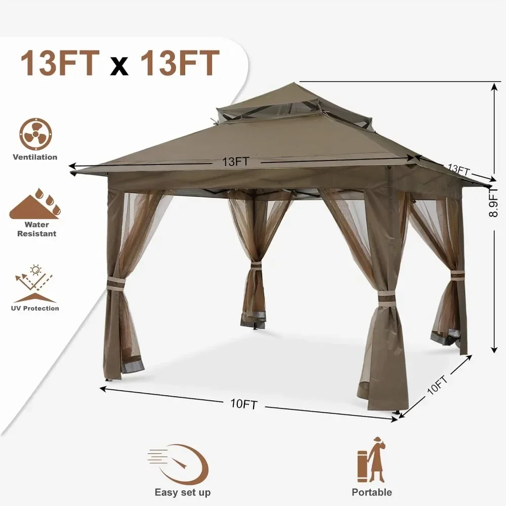 Awning,Patio Gazebo Outdoor Pop Up Gazebo with Mesh Walls (13x13 Brown)