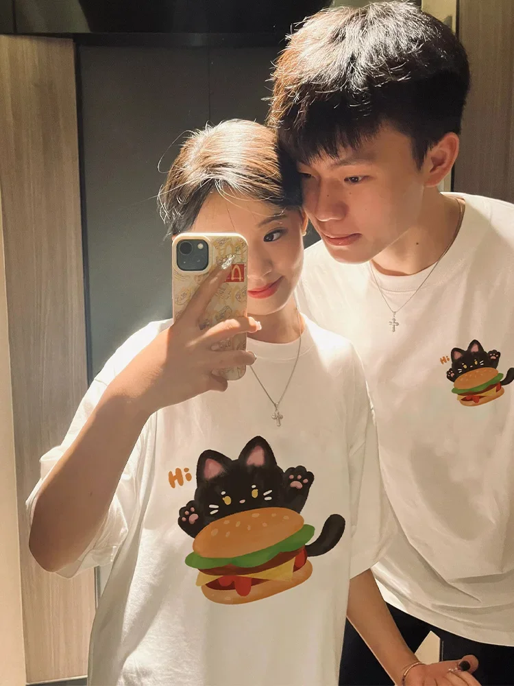 couple clothing tops hamburger cat oversized t shirt y2k top graphic t shirts women clothes harajuku cotton 한국인 후기 많은 옷