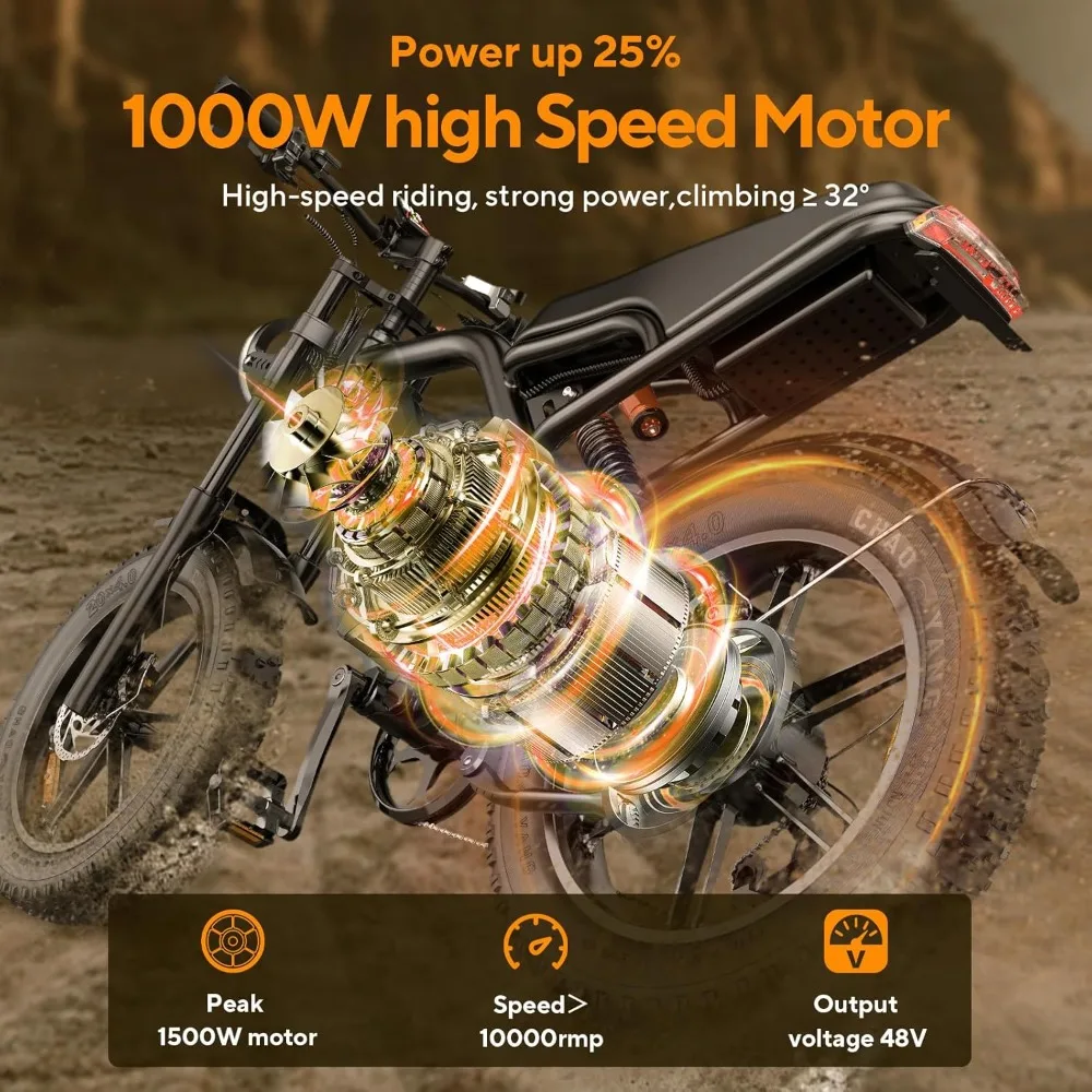 Electric Bike for Adults, 20 inch Fat Tire Ebike with Peak 1500W Motor 48V, 7 Speed Dirt Electric Motorcycle Bicycle