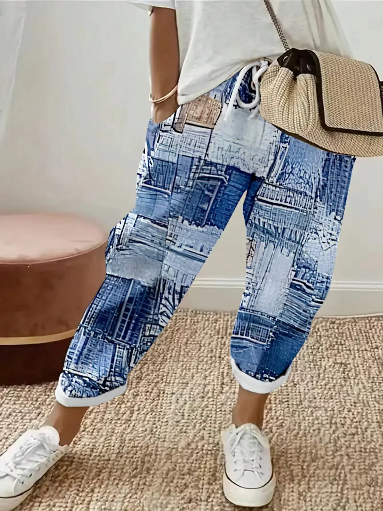 女性のファッションプラスサイズ 1XL-5XL プリントフラワーパンツレディースカジュアル快適なルーズポケットパンツカジュアルミッドウエストハーレンパンツ