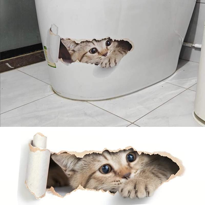 3D Visual Cat Toilet Seat Sticker,Cartoon Hole Breaking Kitten Sticker,2D Waterproof Bathroom Decal, Self-Adhesive Wall Decor