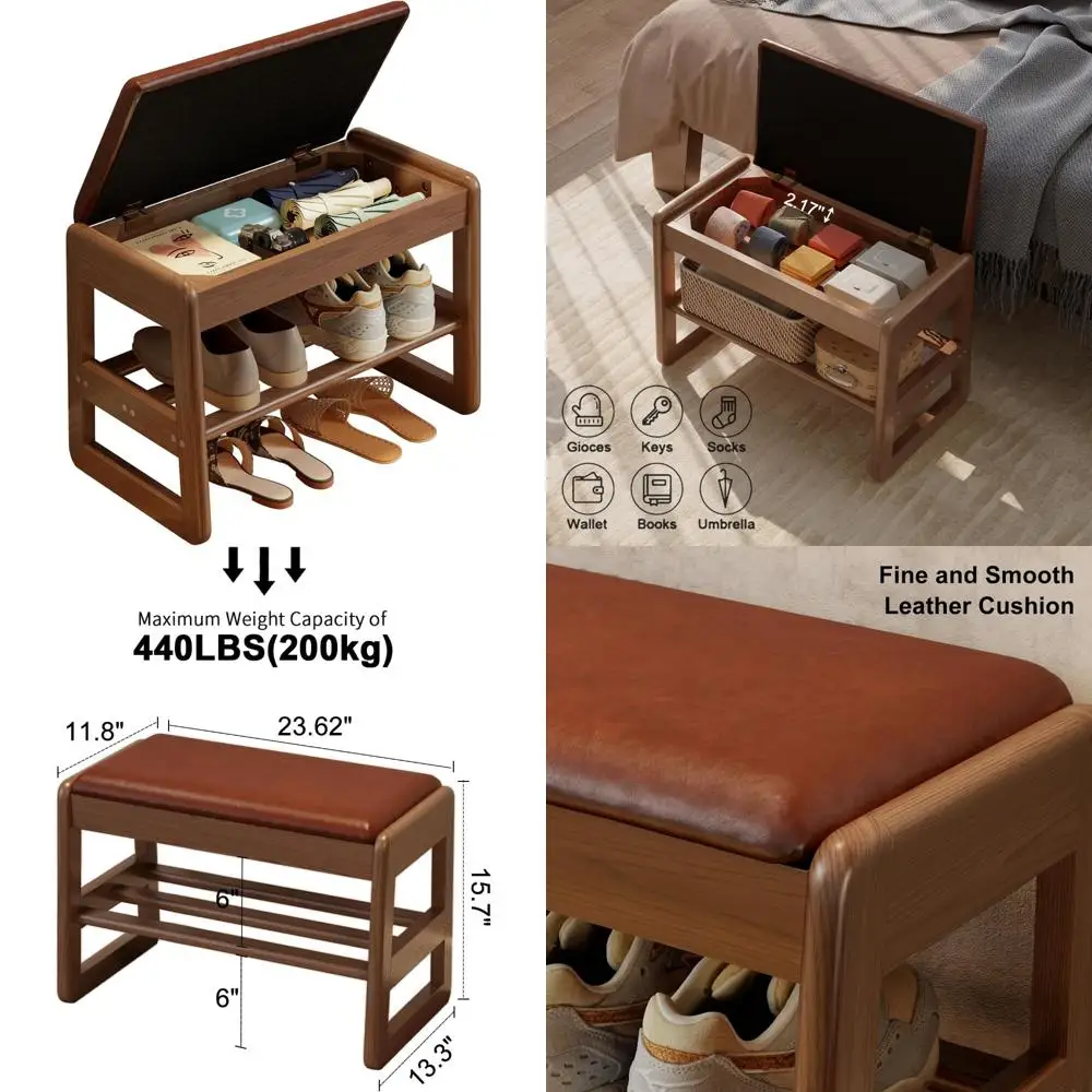 

Leather Cushioned 2-Tier Shoe Bench with Flip-Top Storage for Entryway in Orange, 23.62 Inches