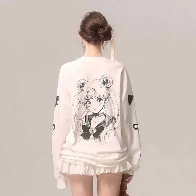 Y2K Girls Sailor Moon T-Shirt Pure Cotton Women Korean Style Long Sleeve T Shirt White Casual Versatile Pullover Tops Harajuku