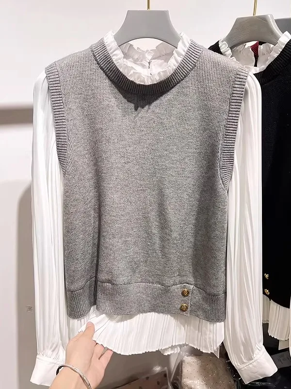 

Корейский вязаный воротник-стойка с воротником-стойкой, длинный двухсекционный женский осенний модный утягивающий универсальный топ