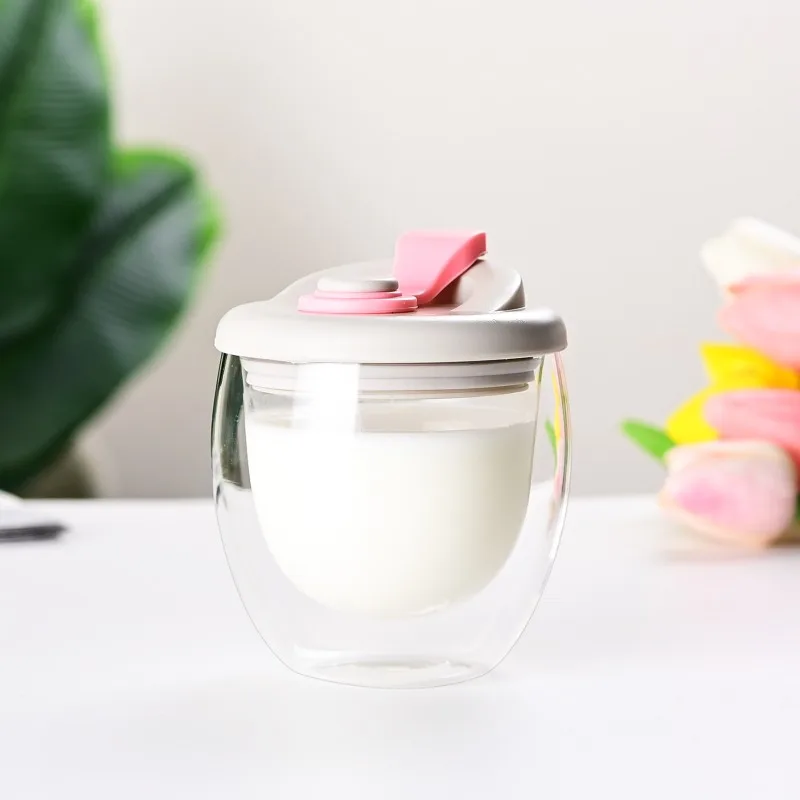 250ml Cute Silicone Cover Double Wall Insulated Glass Coffee Cup, Milk and Juice Beverages, Portable for Home Use