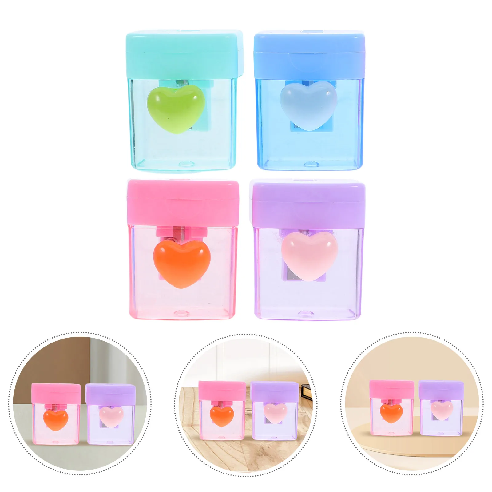 

4pcs Mini Handheld Pencil Sharpener Transparent Single Hole Cute Heart Design Plastic Portable For Kids School Office