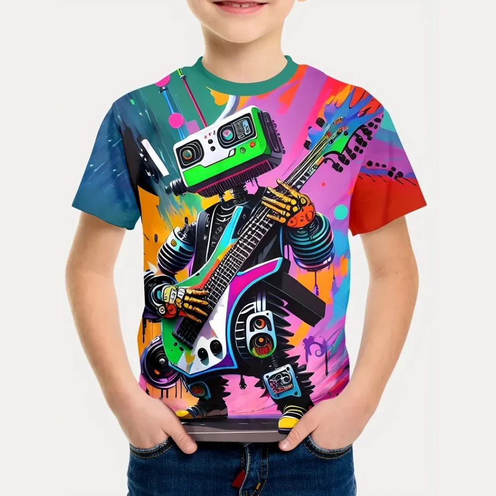 

2025 Kids Clothes Cartoon Guitar Printed Short Sleeve T-Shirt Summer Outdoor Casual Crew Neck Tee Children's Clothing T-Shirts
