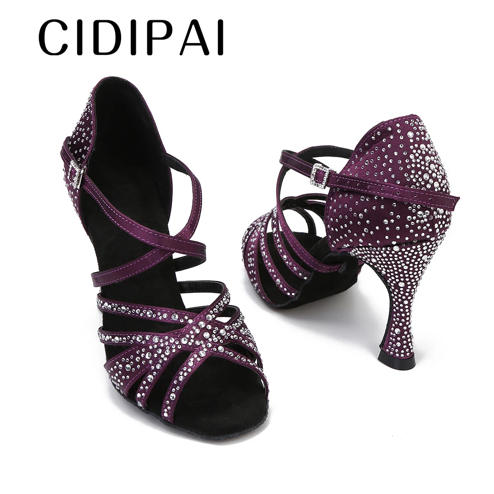 CIDIPAI Satin Latin Dance Shoes Woman Salsa Performance Ballroom Dancing Shoes Purple Brown Black Party Sandals Women High Heels