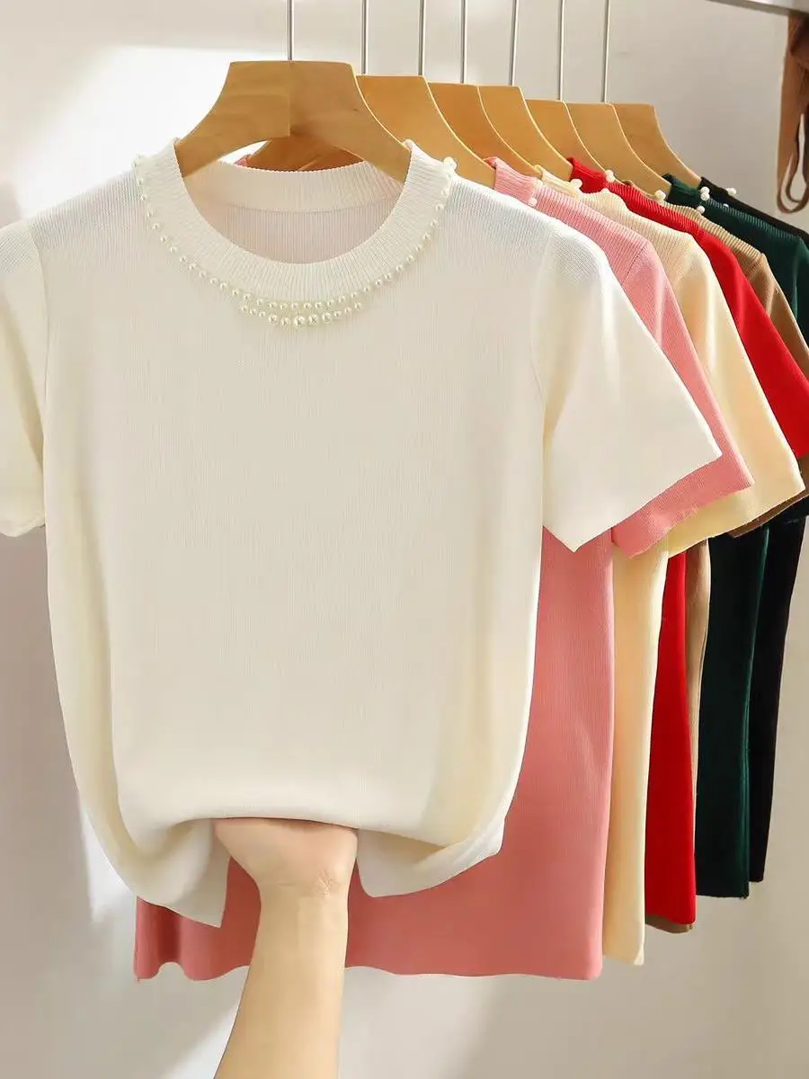 camiseta-de-malha-com-contas-em-cor-pura-manga-curta-feminina-soltinha-ajuste-slim-gola-redonda-conjunto-de-duas-pecas