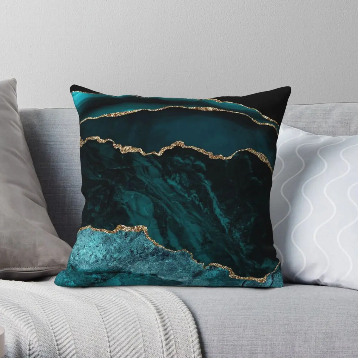 Teal Gold Agate Square Pillowcase Polyester Linen Velvet Pattern Zip Decorative Pillow Case Car Cushion Cover 45x45