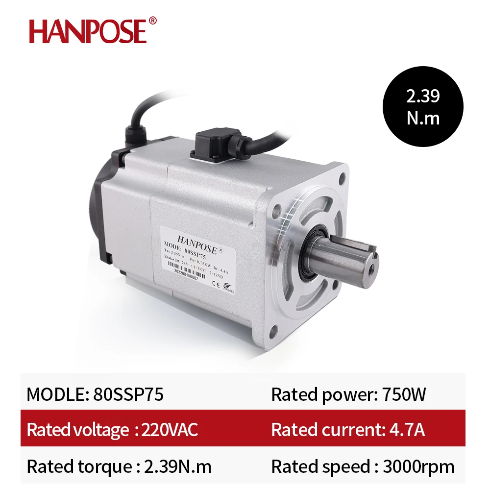High Performance 0.75kw Servo Motor Driver with Brake Kit 80SSP75 + ASD275 220v 2.39N.m 4.7A 3000-6000rpm Servo Motor Controller
