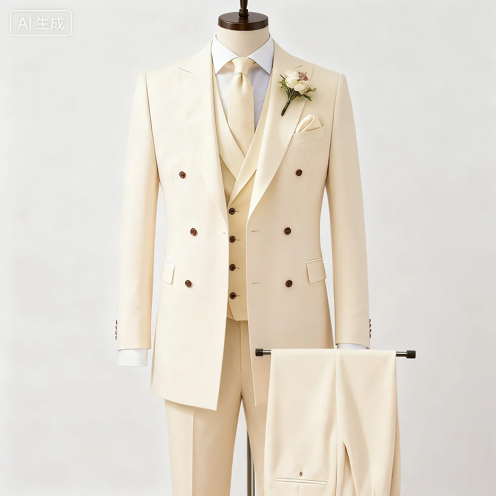 

Men's Wedding Terno Slim Fit 3-Piece Smoking Solid Casual Blazer with Double-Breasted Vest And Pants - Formal Men's Suit