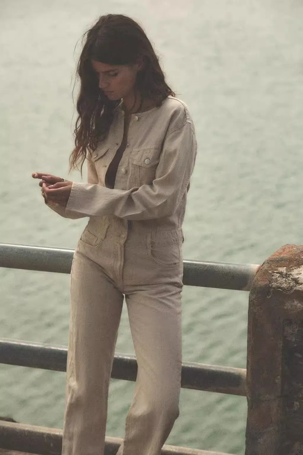

Summer New Women's round Ne Long Sve Linen Blend Patch ket Button Long Drapey One-Piece Suit 55200 Straight Leg Hig...