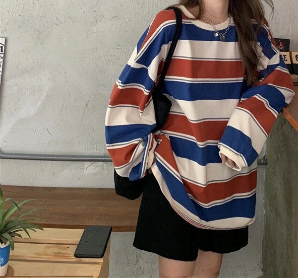 

2025 New Women's Loose Striped Top Medium To Long Sleeve T-shirt Spring and Autumn
